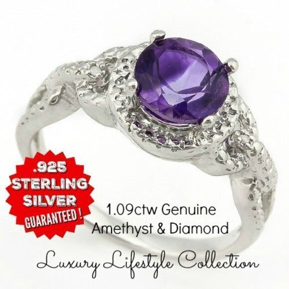 Elite New 1.09ctw Genuine Amethyst With Diamond .925 Sterling Silver Ring Size 6 - Picture 3 of 6